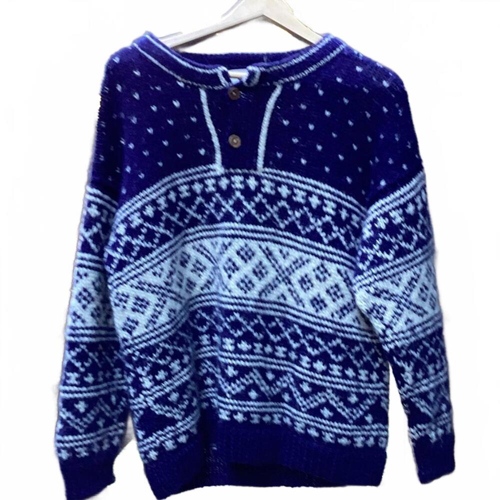 😀Yeti vintage 100% wool hand knit chunky utility sweater blue multi pattern Med